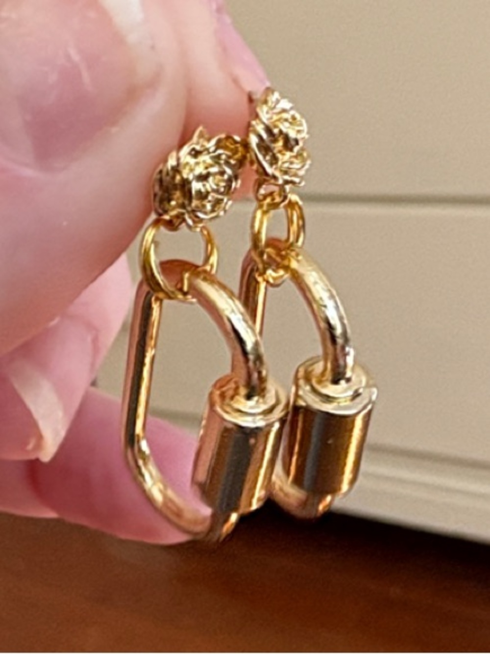 Hand-Crafted Gold Carabiner Drop Earrings with Gold Rose Accent - Women Jewelry